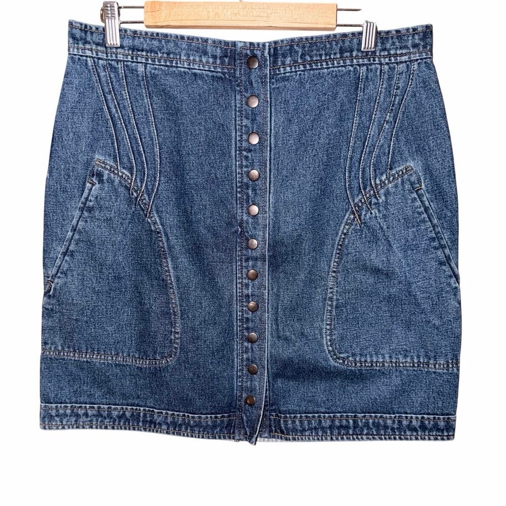 Harve Benard 100% cotton blue jean denim snap up skirt 14 pockets pucker stitch